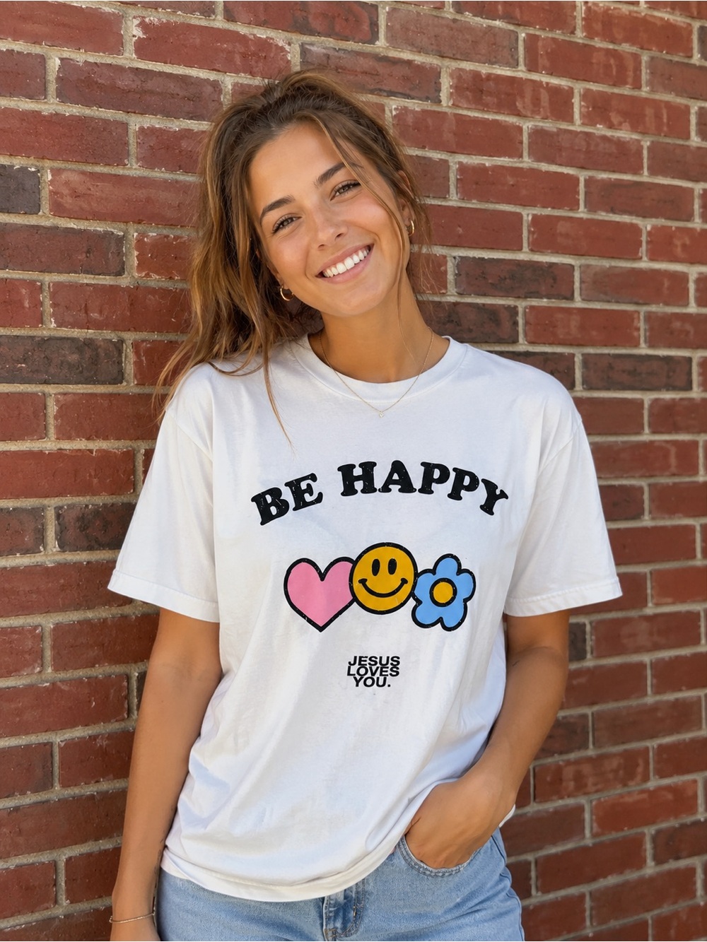 Be Happy Jesus Loves you Graphic Tee with Pink Heart & Blue Flower